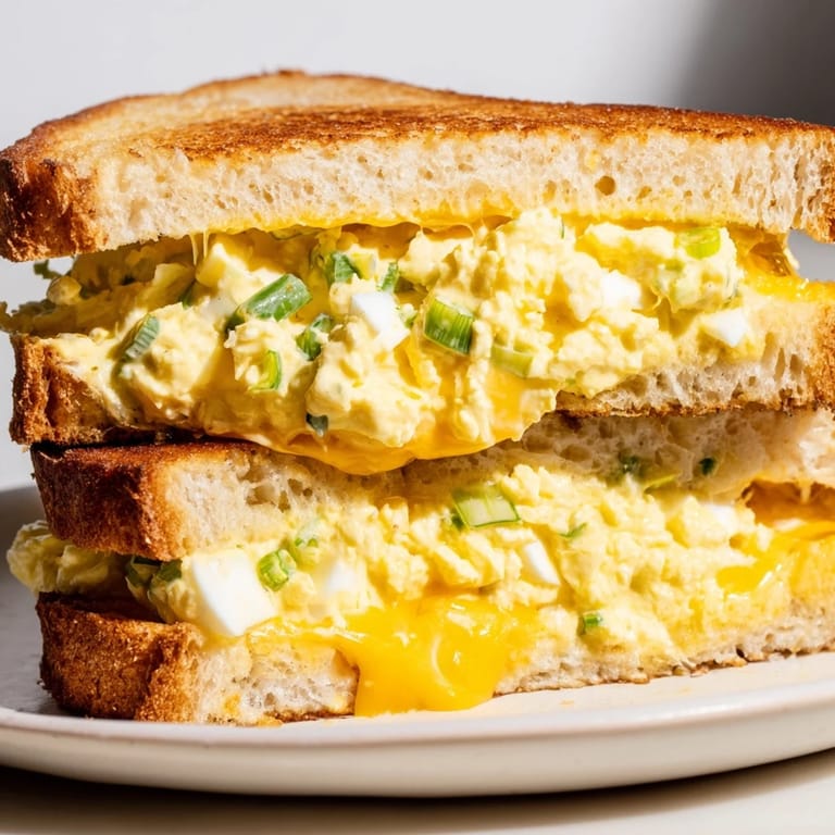 Close-up of a perfectly toasted Egg Salad Grilled Cheese, bread crisp, with creamy visible filling inside.