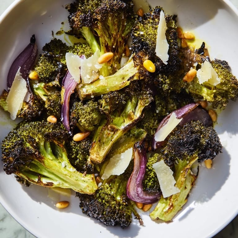 A serving of charred broccoli salad, a healthy vegetarian side dish ready in minutes.