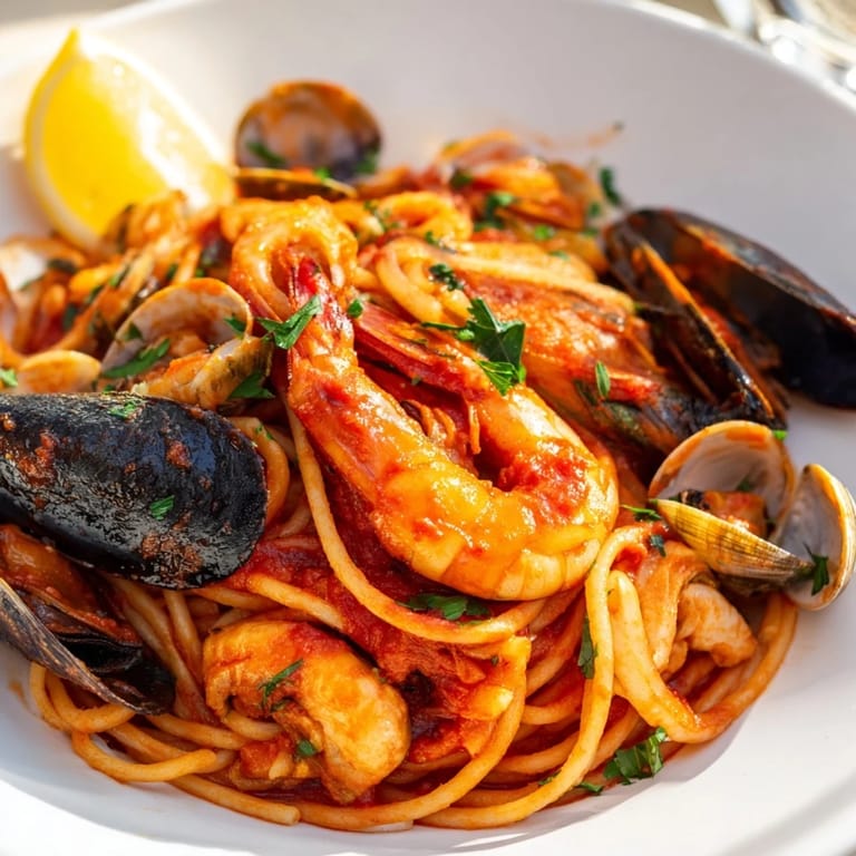 Enjoy the delicious aroma of this hearty Seafood Marinara Pasta, filled with tender seafood and fresh herbs.