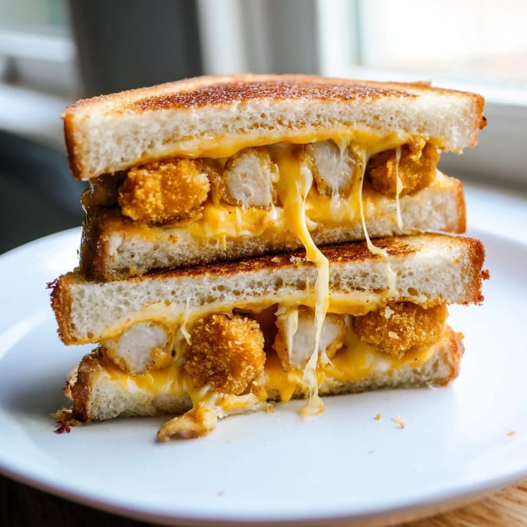 Crispy chicken nuggets nestled between melted cheese, creating a delicious Chicken Nugget Grilled Cheese for lunch.