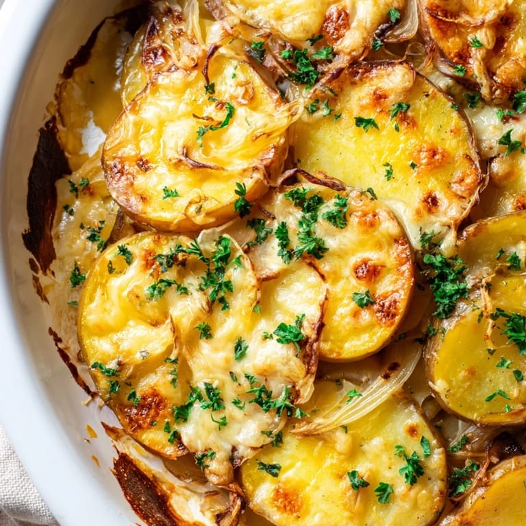 A close-up of cheesy French Onion Soup Potatoes, a comforting vegetarian side dish, hot and delicious.