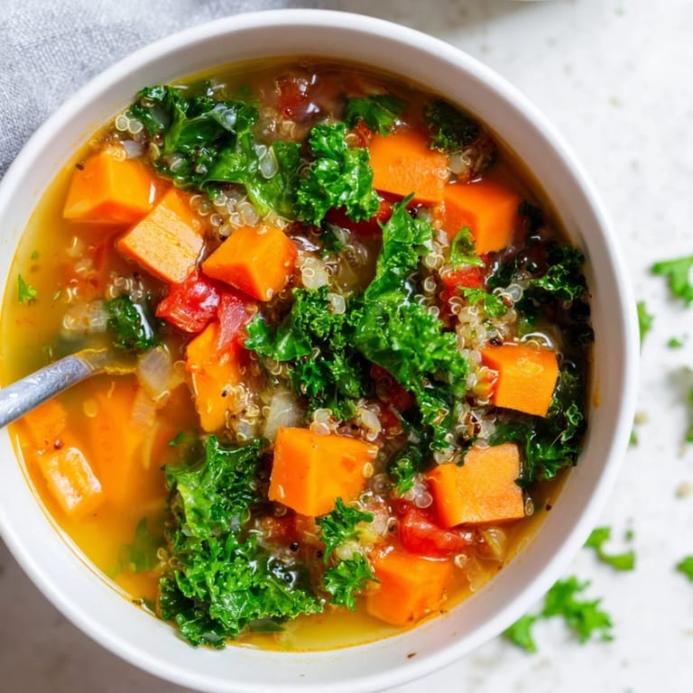 Vibrant photo showing off the colorful, hearty Nourishing Winter Veggie Soup with quinoa and fresh herbs.