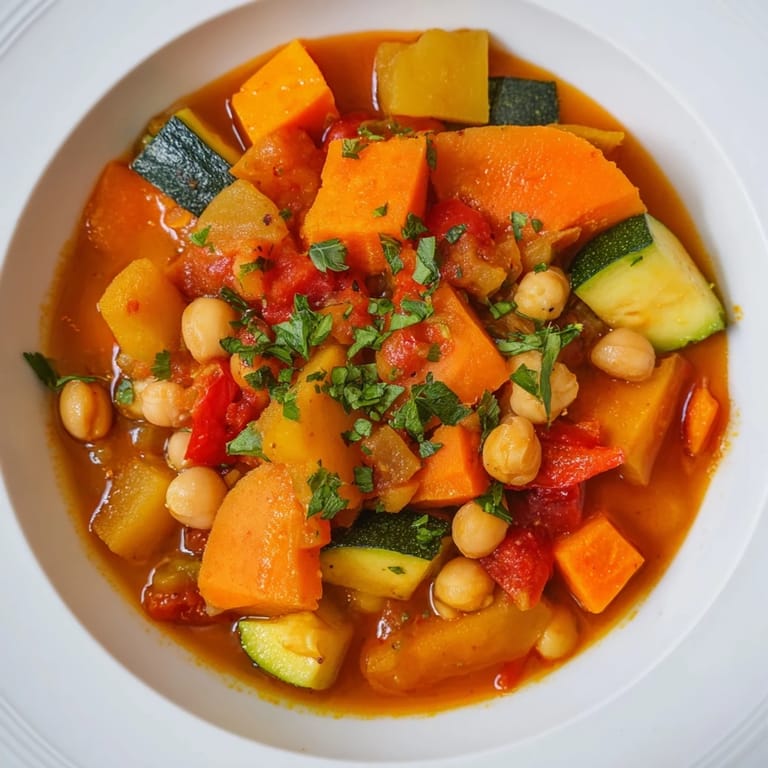A close-up of a steaming bowl of Hearty Vegan Sweet Potato Stew with fresh parsley garnish.