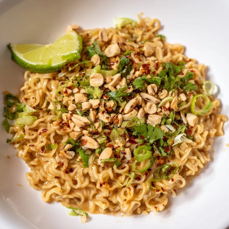 A vibrant bowl of Instant Peanut Thai Sauce Noodles, garnished with fresh cilantro and crunchy peanuts.