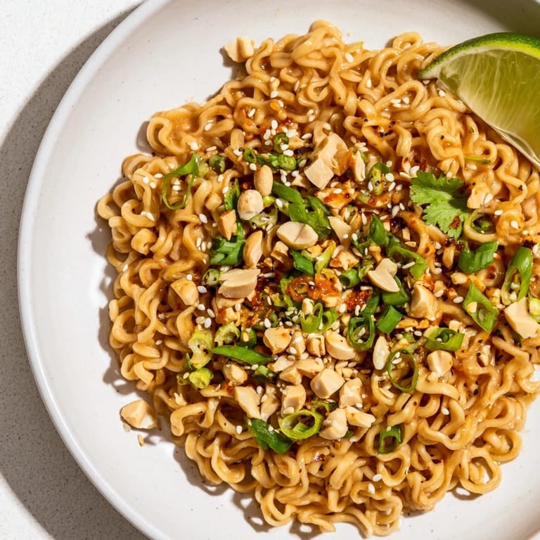 Enjoying the savory aroma of Instant Peanut Thai Sauce Noodles, with a drizzle of chili crisp.
