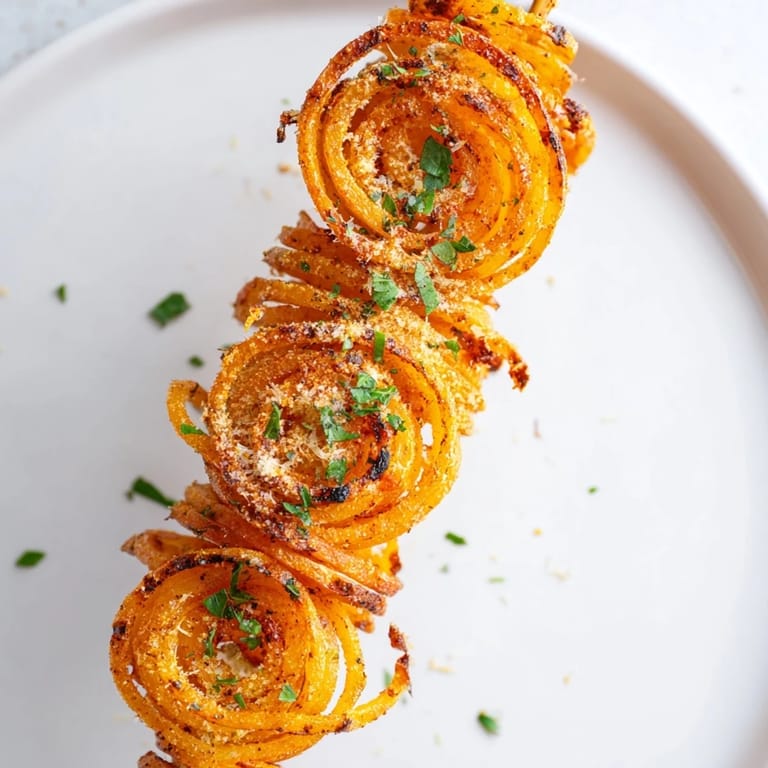 Close-up of freshly baked Tornado Potatoes, spiraled and glistening with seasoned oil, a tasty side dish.