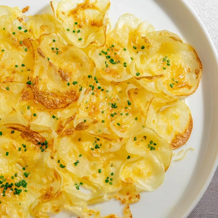 Close-up of bubbling, air-fried crispy onion cheese chips, showing layers of melted cheddar and mozzarella.
