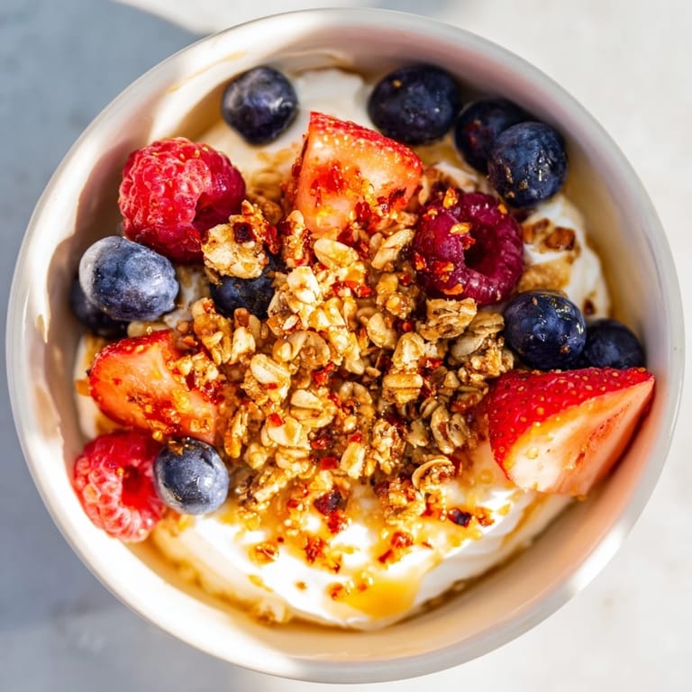 Enjoy a spoonful of creamy cottage cheese, topped with hot honey, granola and berries – a delicious bowl.