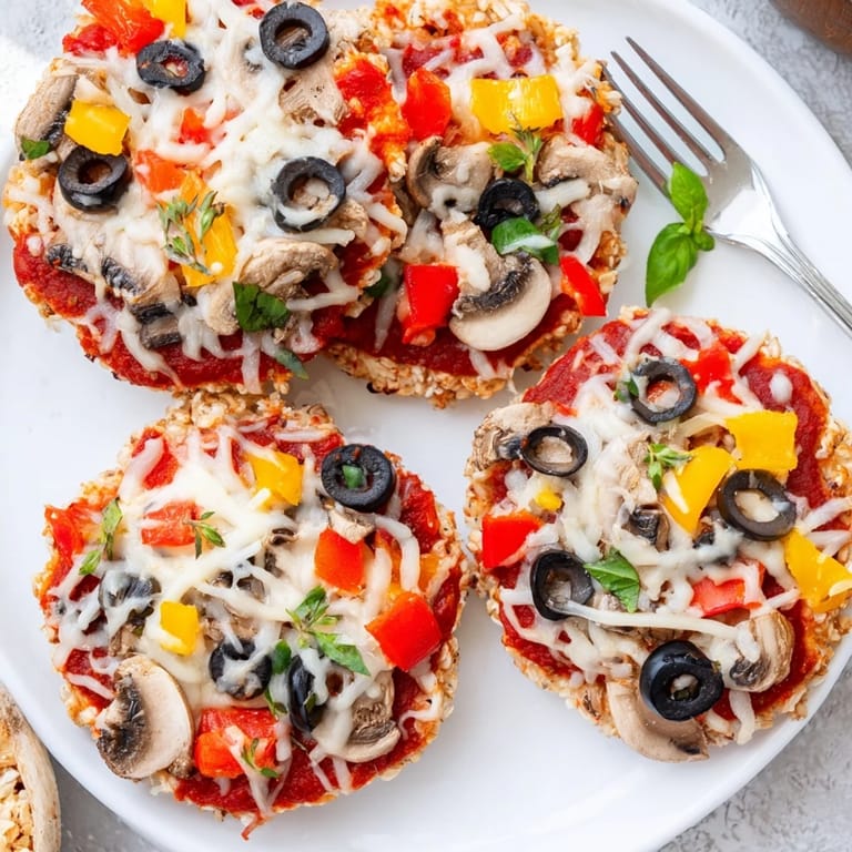 A simple photo showing melted mozzarella over yummy Rice Cake Pizza Squares with olive and pepper slices.