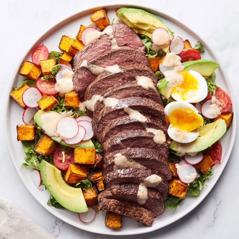 Imagine this: A flavorful High-Protein Beef Avocado Bowl with tender steak and a perfect egg.