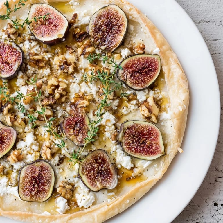 Crispy-baked puff pastry truffle pizza with melting goat cheese and sweet fig slices, ready to enjoy.