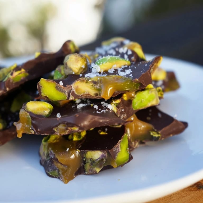 A close-up of pistachio salted caramel bark: crunchy pistachios nestled in sweet caramel over chocolate.