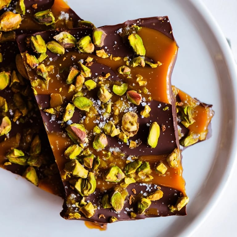 Perfectly portioned pieces of pistachio salted caramel bark, ideal for gifting or a sweet treat.