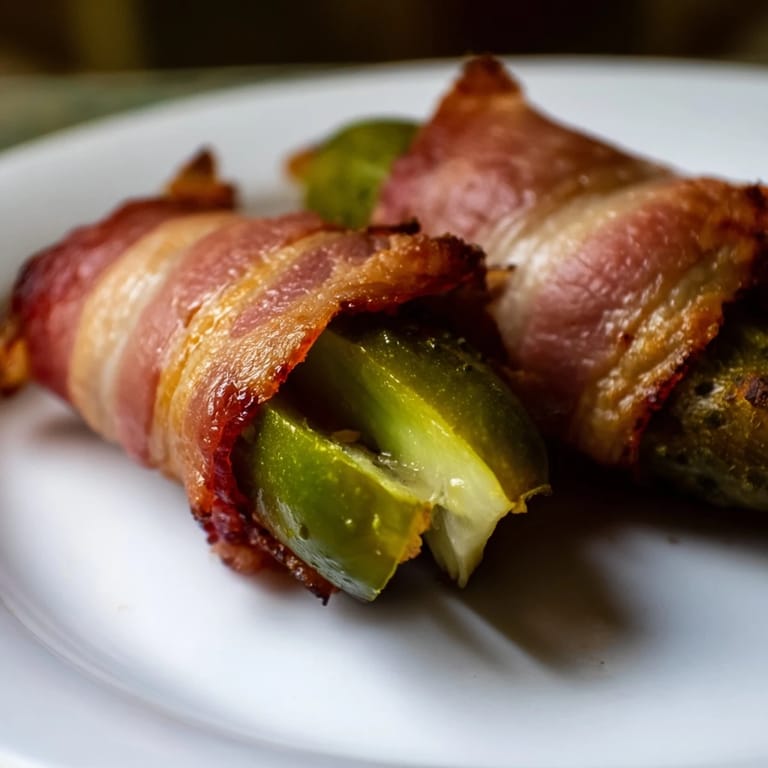 Bacon-wrapped pickles baked to smoky perfection, with crunchy dill pickle halves peeking out from the savory bacon curls.