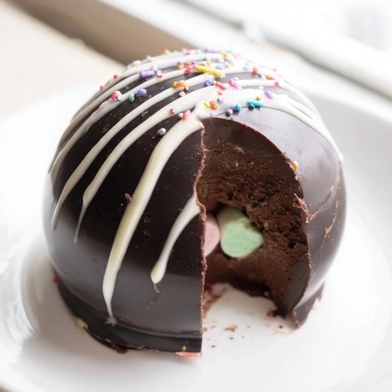 Hot Chocolate Bombs in a clear jar, with marshmallows and cocoa powder nearby.