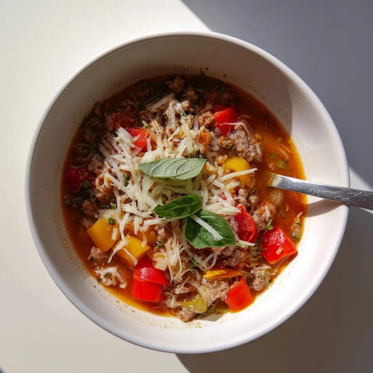 Cozy Pizza Soup simmering in a pot, ready to be ladled into bowls for a comforting meal.