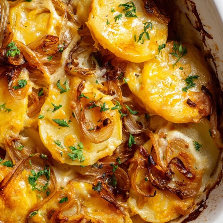 A close-up of French Onion Soup Potatoes, showcasing melted Gruyère cheese over tender Yukon Gold potatoes and sweet, deeply caramelized onions.  