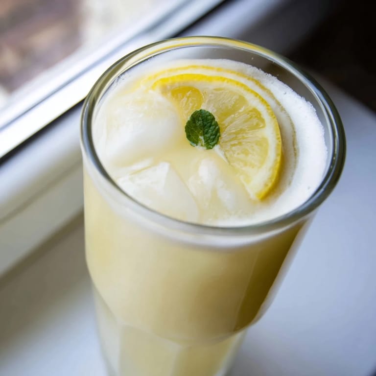 Close-up of a tall glass of Creamy Lemonade Drink, highlighting creamy swirls and fresh lemon slices on top.
