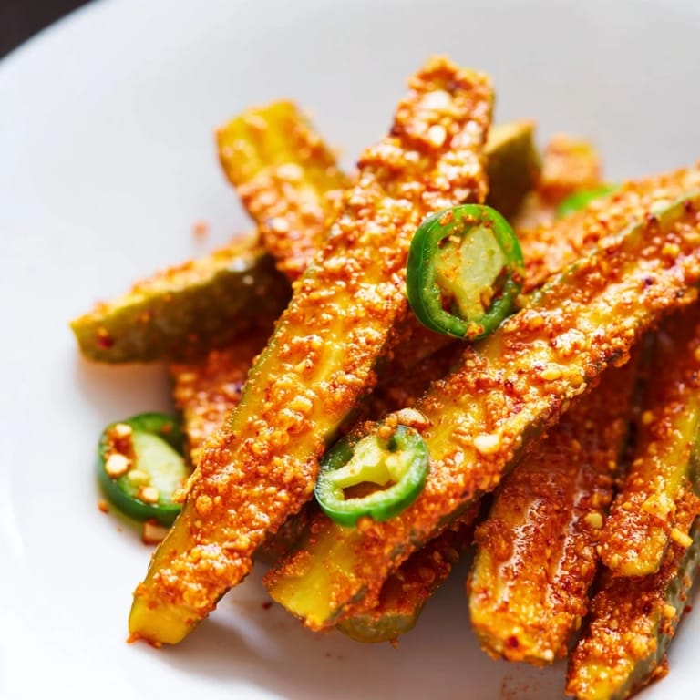 Chilled Taco Pickles in a glass jar, glistening with bold taco seasoning and red pepper flakes for a spicy kick.
