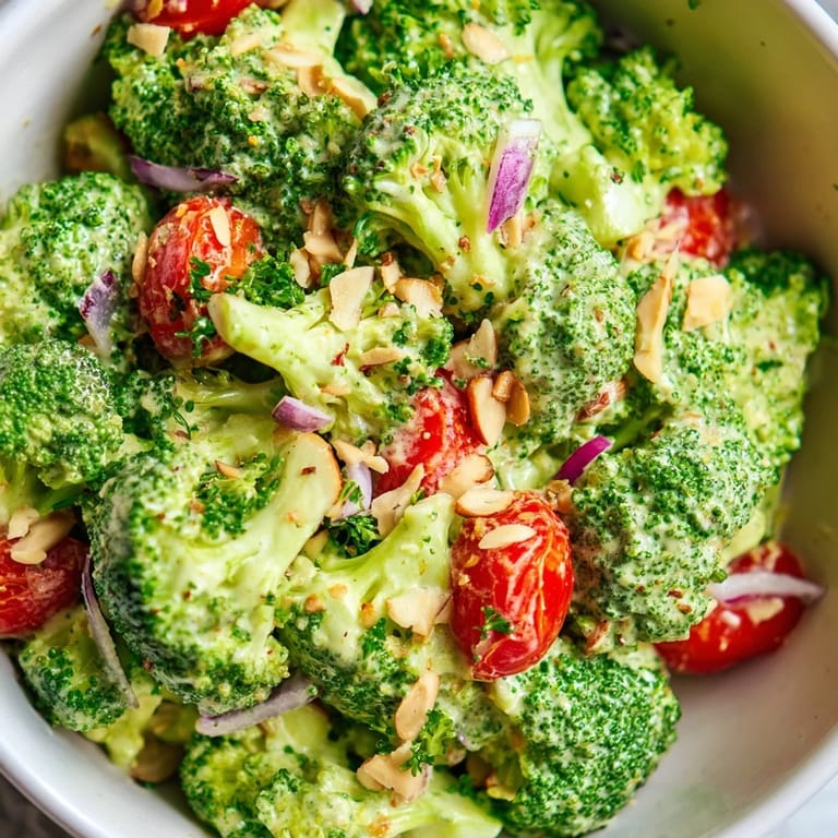 Bright, crisp broccoli salad with rich Parmesan and garlic, garnished with toasted almonds and fresh parsley for a flavorful bite.