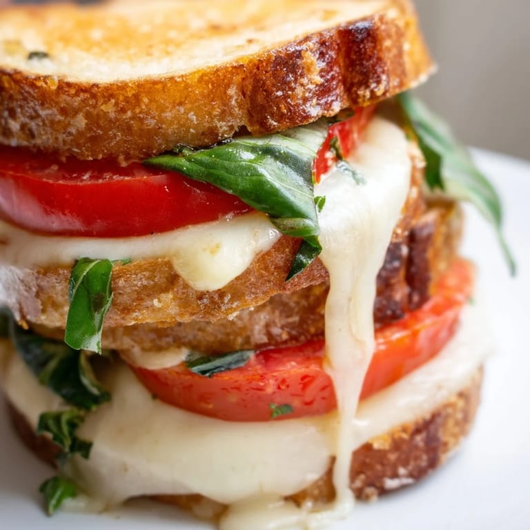 A classic Tomato Basil Grilled Cheese sandwich, sliced to reveal juicy tomatoes and creamy mozzarella inside.