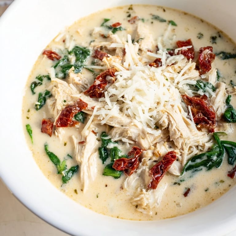 Close-up shot of a bowl of Creamy Tuscan Chicken Soup, garnished with fresh Parmesan and a drizzle of olive oil, served alongside crusty artisan bread.