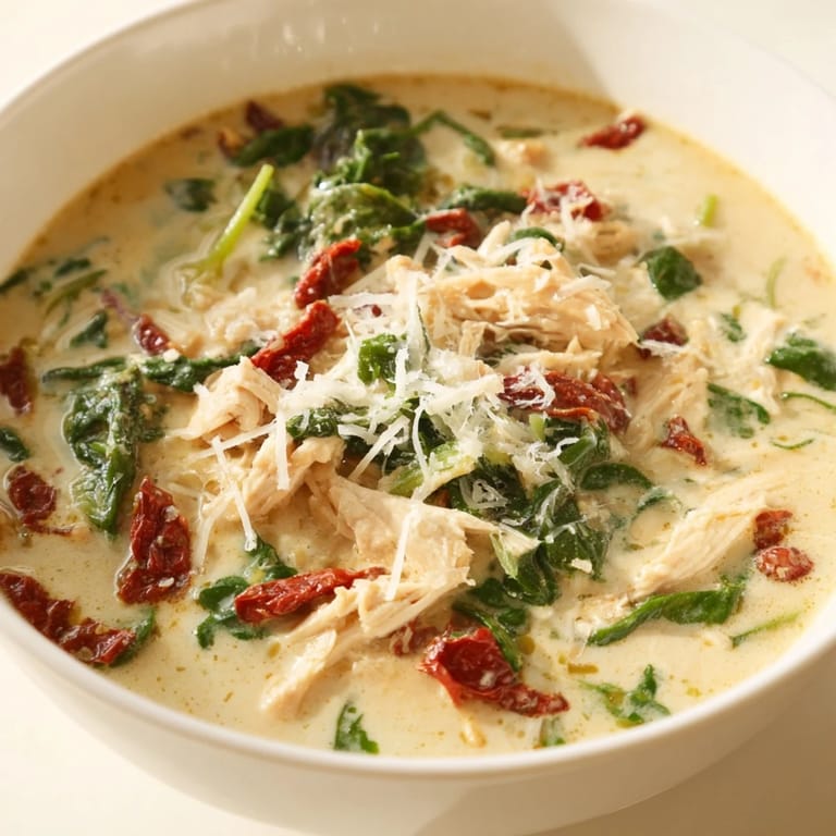 Hearty Creamy Tuscan Chicken Soup in a rustic bowl, blending savory shredded chicken, carrots, and wilted spinach in a velvety, creamy Italian broth.