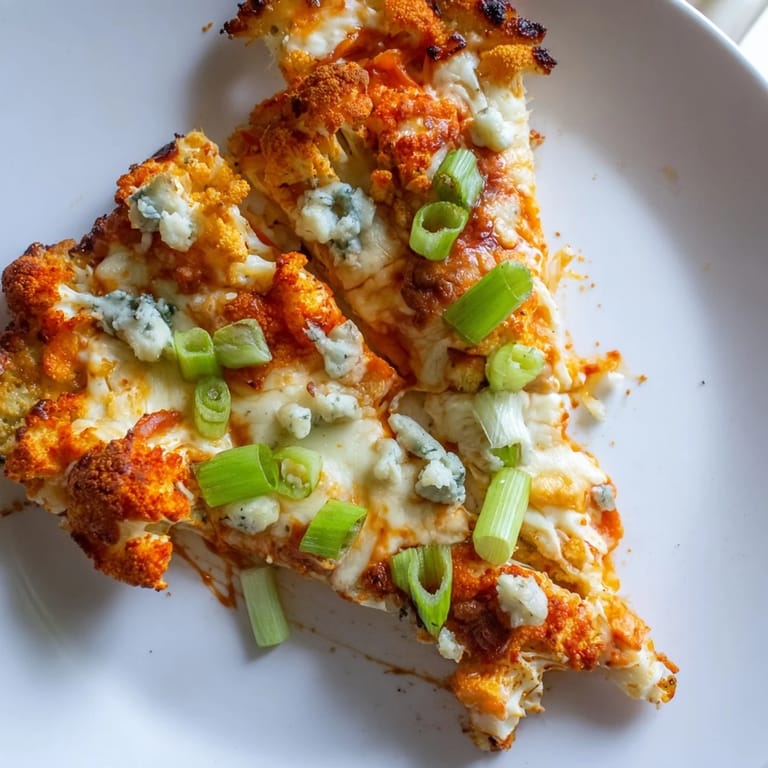 Close-up of Buffalo Cauliflower Pizza with a bubbly cheese crust, fresh celery slices, and a tangy blue cheese garnish on a rustic board.