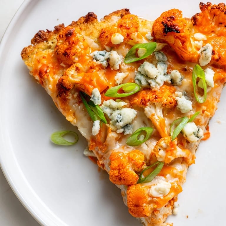 Freshly baked Buffalo Cauliflower Pizza with a golden crust, drizzled with buffalo sauce and topped with vibrant green onions and parsley.