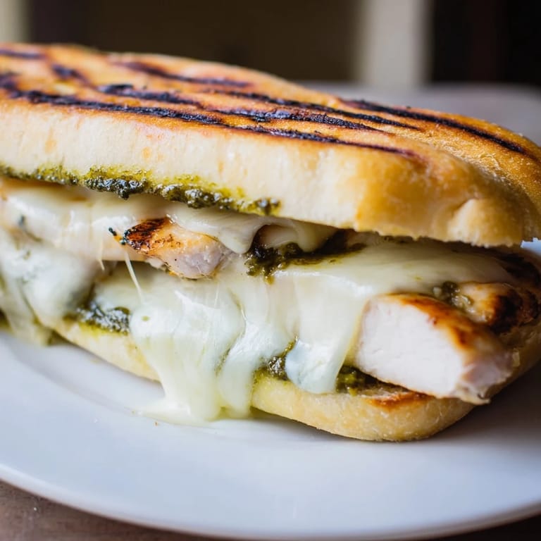 Sizzling Pesto Chicken Melt on ciabatta, featuring gooey mozzarella and vibrant green basil pesto spread.