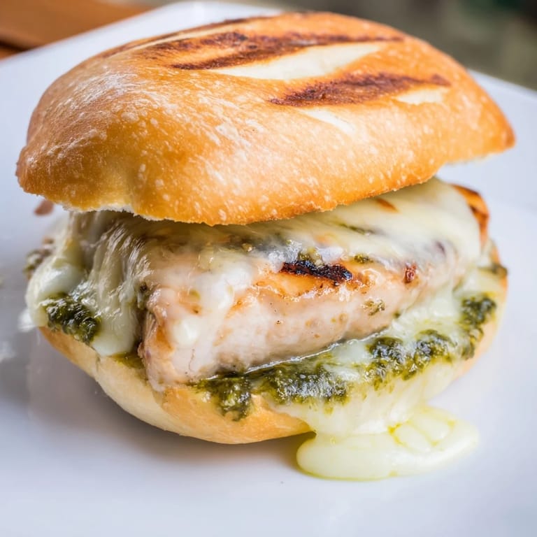 Fresh basil leaves and sliced tomatoes garnish this delicious homemade Pesto Chicken Melt sandwich.