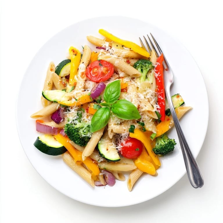 Colorful Pasta Primavera served in a white bowl, showcasing al dente noodles and tender vegetables under a light olive oil garlic sauce.