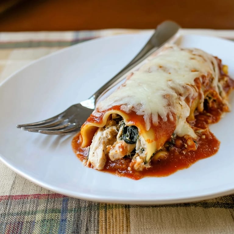 Freshly baked Chicken and Spinach Lasagna Rolls served on a white plate, showcasing spiral pasta rolls with creamy filling and parsley garnish.  