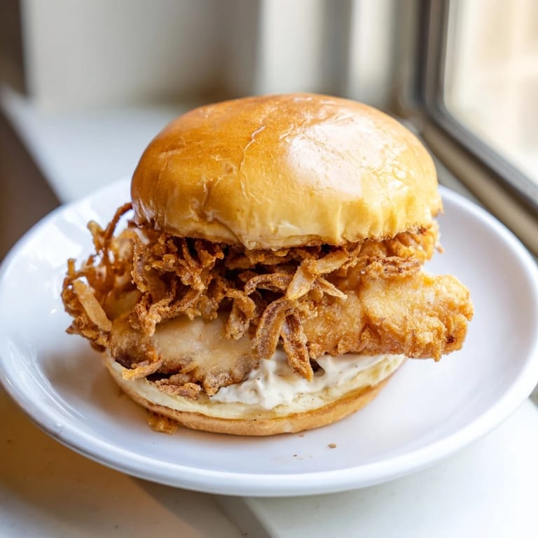 Homemade Crispy Onion Chicken Sandwich with juicy chicken, crisp toppings, served on a soft bun.