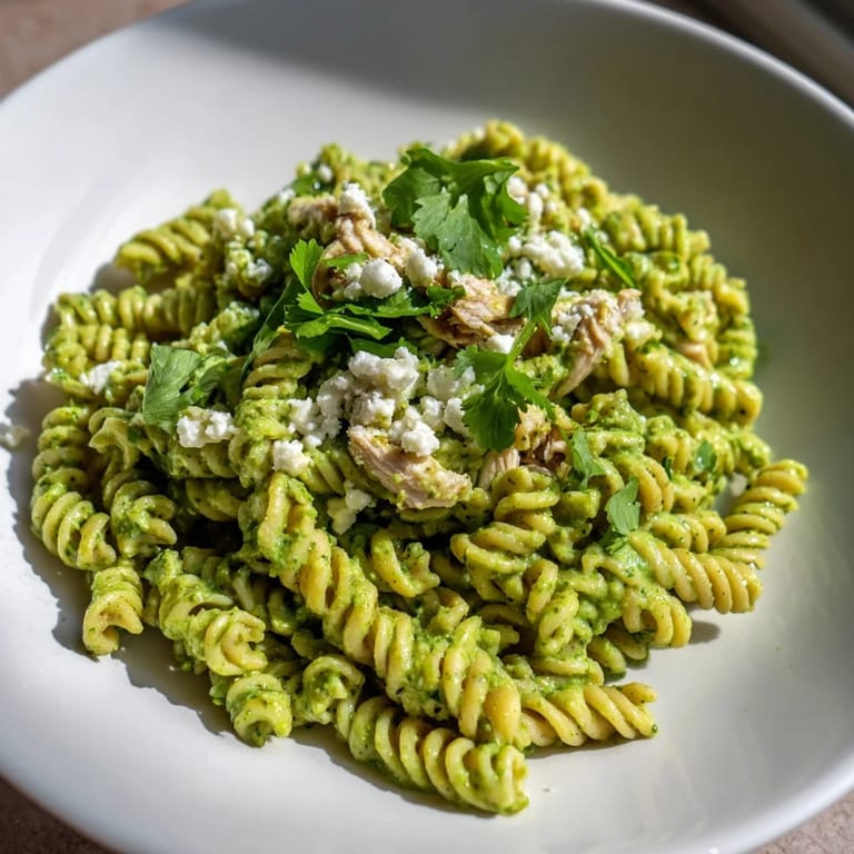 Close-up of cilantro lime chicken pasta, vibrant green sauce coating rotini, topped with crumbled feta cheese.