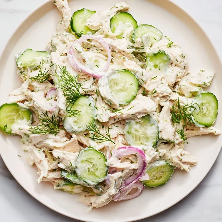 Close-up of Creamy Cucumber Chicken Salad with tender chicken, cool cucumber, and creamy yogurt dressing, served on a rustic wooden table.