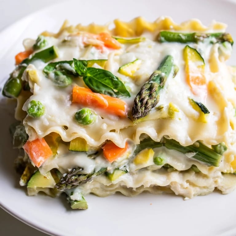 Freshly baked Spring Veggie Alfredo Lasagna with golden cheese topping, served in a white ceramic baking dish.