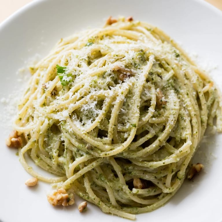 A comforting bowl of Creamy Sunflower Seed Pesto Pasta alongside fresh bread, garnished with basil and extra seeds.