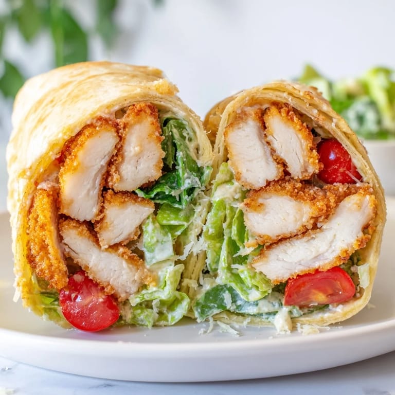 A handheld meal of crunchy hot honey chicken, fresh romaine lettuce, and rich Caesar dressing, neatly wrapped for a satisfying lunch.