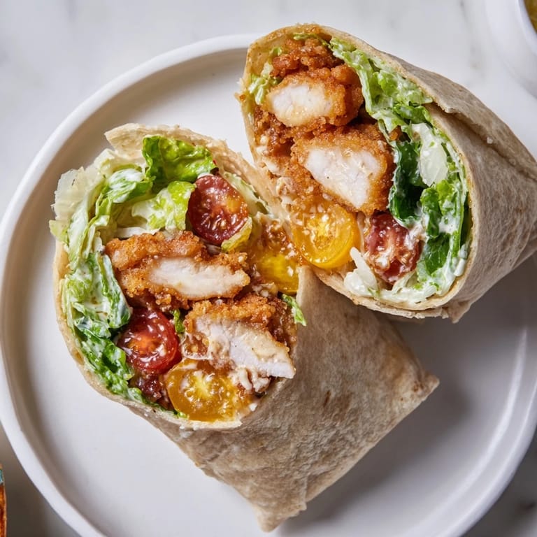 Sliced in half, the Hot Honey Chicken Caesar Wrap reveals layers of golden fried chicken, Parmesan, and vibrant cherry tomatoes on romaine.
