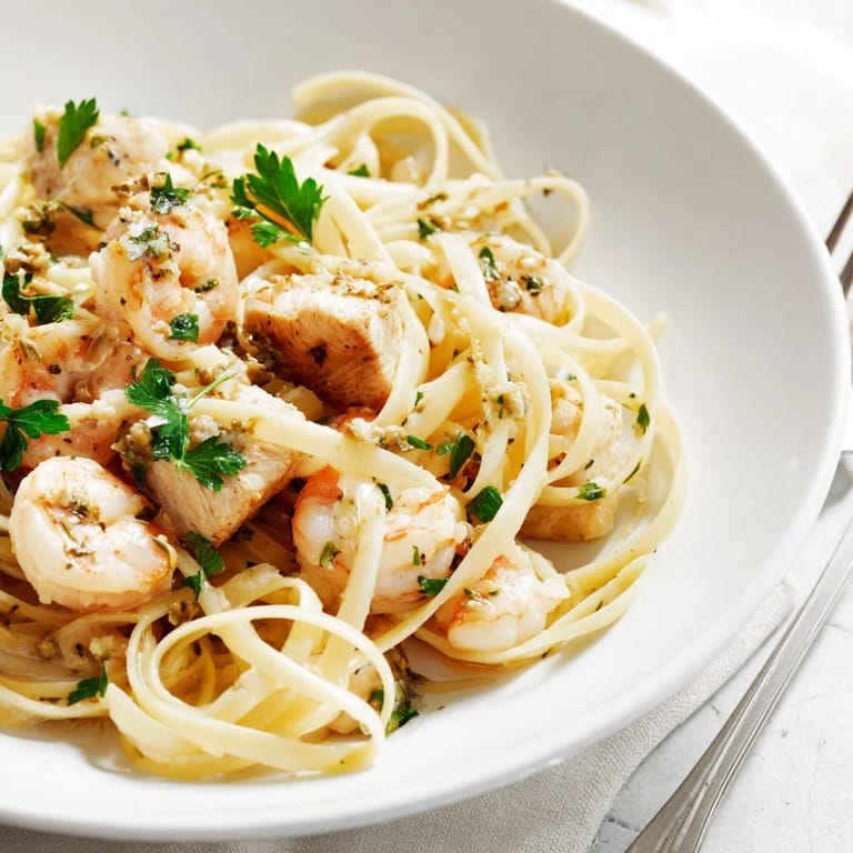 A close-up of savory Lemon Garlic Shrimp & Chicken Pasta garnished with fresh parsley and bright lemon wedges.  