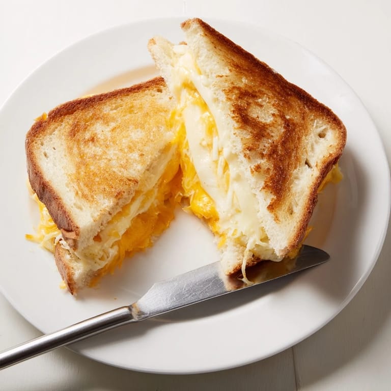 Two hearty Triple Cheese Sourdough Grilled Cheese sandwiches served hot on a wooden board with a side of tomato soup.