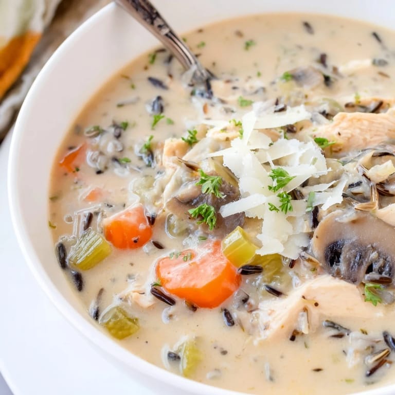 Hearty bowl of Parmesan Mushroom Chicken and Wild Rice Soup garnished with fresh parsley and a sprinkle of Parmesan.