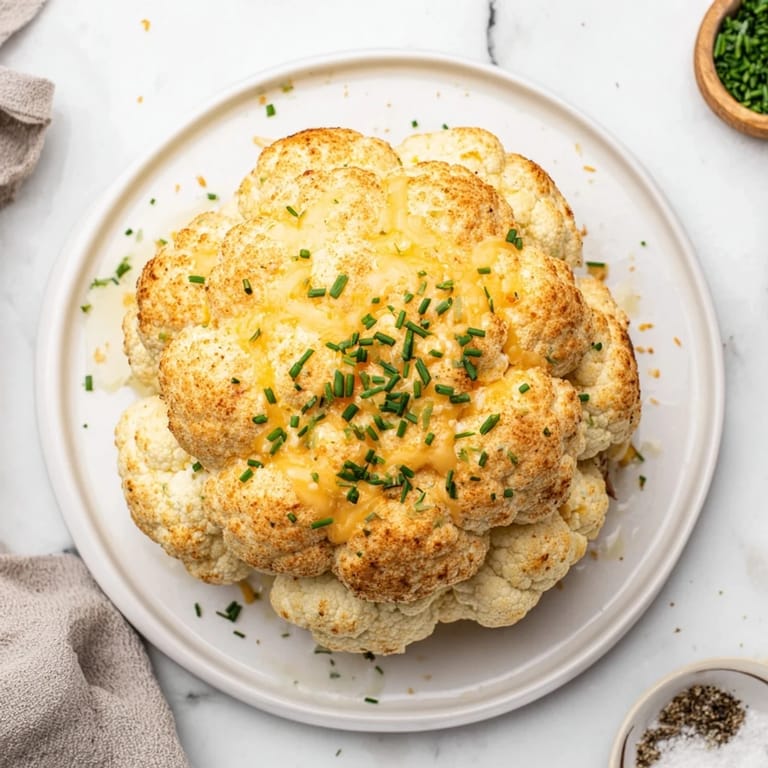 A close-up of a wedge of Cheesy Stuffed Cauliflower Head, revealing a rich, creamy cheese center with fresh chives and a crispy topping.