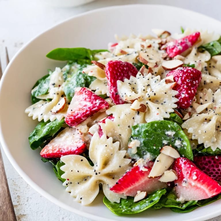 Easy Spring Spinach Strawberry Pasta Salad recipe perfect for summer picnics, showcasing colorful ingredients and a light, tangy dressing that’s both refreshing and satisfying.