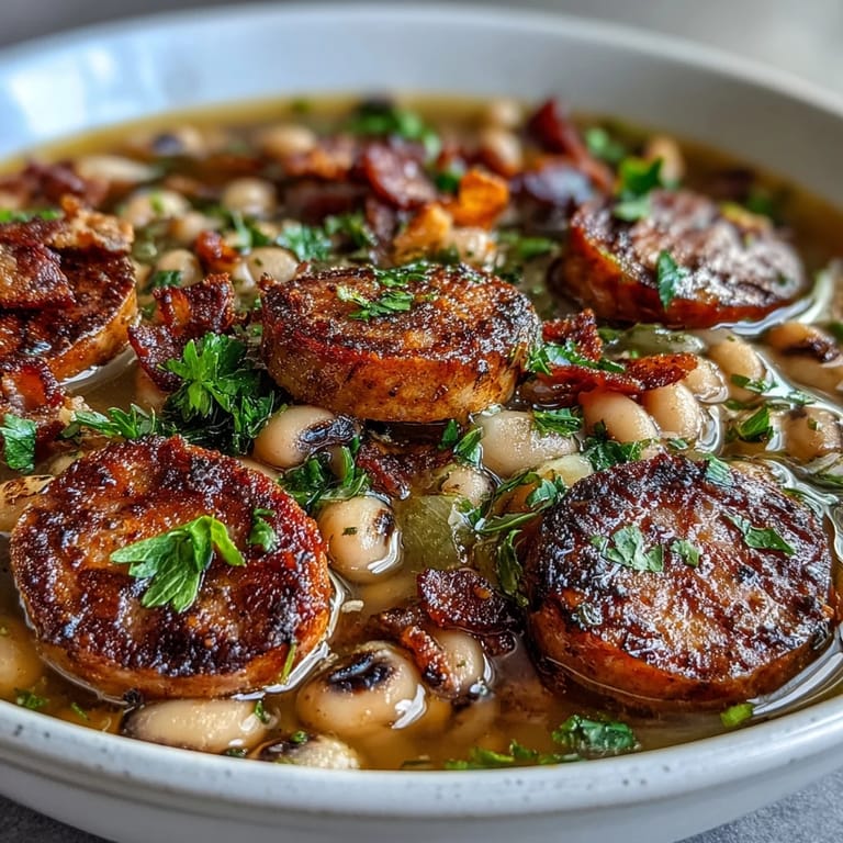 Steam rises from a Dutch oven filled with tender black-eyed peas, smoked paprika, and Creole spices, garnished with fresh parsley and a dash of hot sauce for a classic Southern meal.