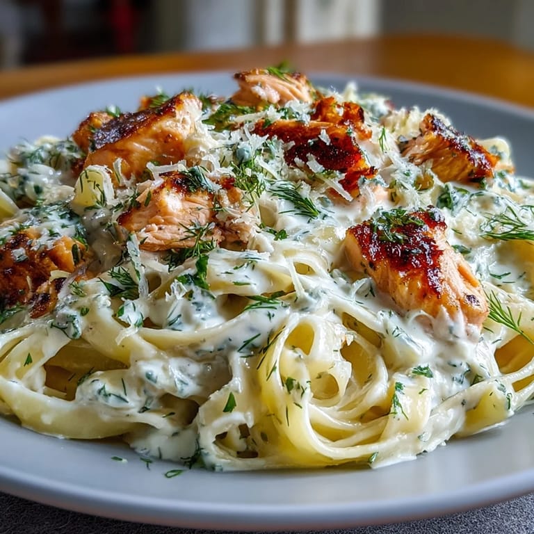 A close-up of creamy salmon pasta on a white plate, garnished with fresh dill and lemon zest for a bright finish.  