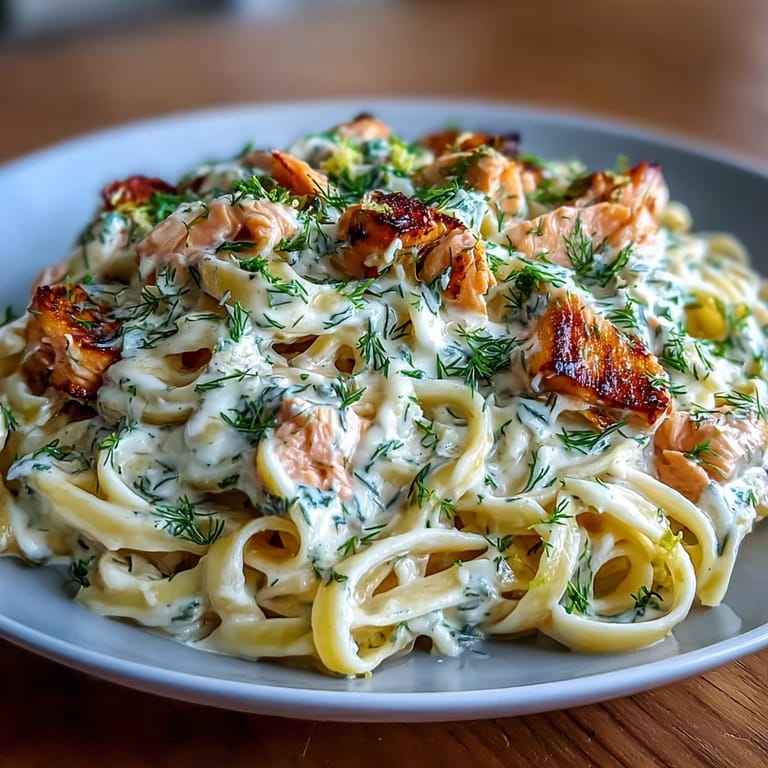 Weeknight dinner plate of creamy salmon pasta topped with grated Parmesan, extra herbs, and lemon wedges beside a glass of white wine.