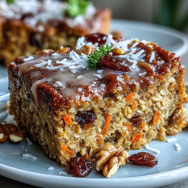 A close-up of carrot cake baked oatmeal in a baking dish, with a rustic wooden spoon ready to serve a wholesome breakfast.