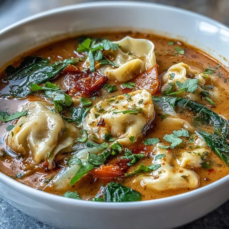 A bowl of quick Red Curry Wonton Soup, comforting and bursting with flavor.